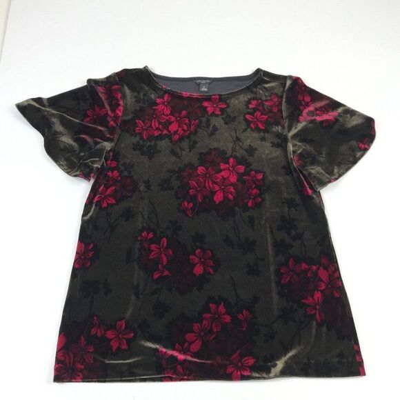 Ann Taylor Womens Velvet Blouse Floral Flared Short Sleeve Boat Neck PS Petites - Picture 1 of 11